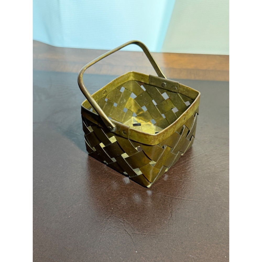 Vintage Woven Brass Basket Small Square Decorative Trinket Holder with Handle